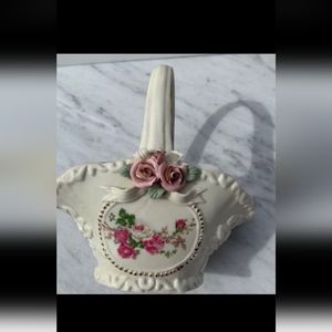 Victorian Clustered Roses Porcelain Basket Rare delicate Beautiful Gold TrimHeig